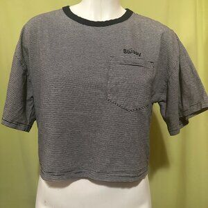 Stussy Women's Black Beige Stripe Crop Top Shirt Size XS Cotton